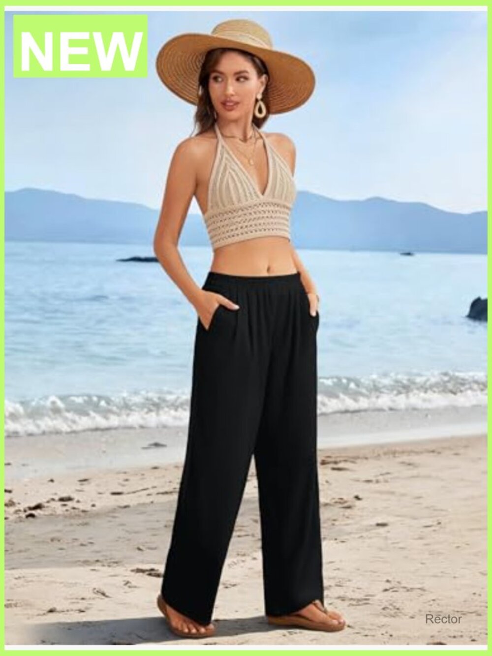 Linen Palazzo Pants Wide Leg Elastic Waist Flowy Trousers with Pockets for - Picture 3 of 7
